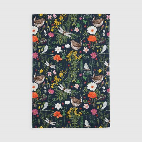 wren and ladybird tea towel by particle press
