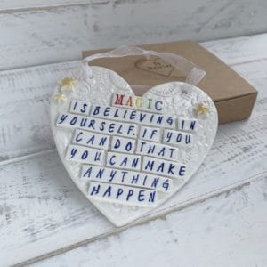 Ceramic heart plaque, magic quote. Motivational. Porcelain