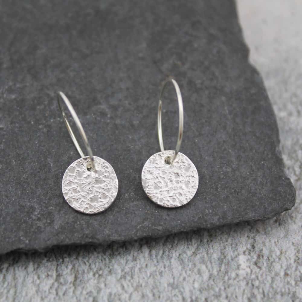 Silver Textured Circle Charm Hoops By lucy kemp