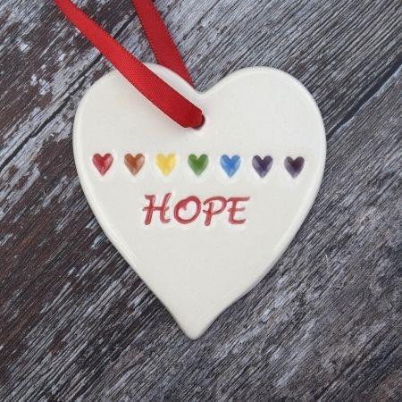 Hope with rainbow pottert heart by broadlands pottery