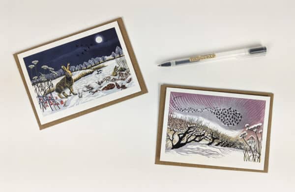 Winter Hares / Midwinter Starlings from original prints by Niki Bowers