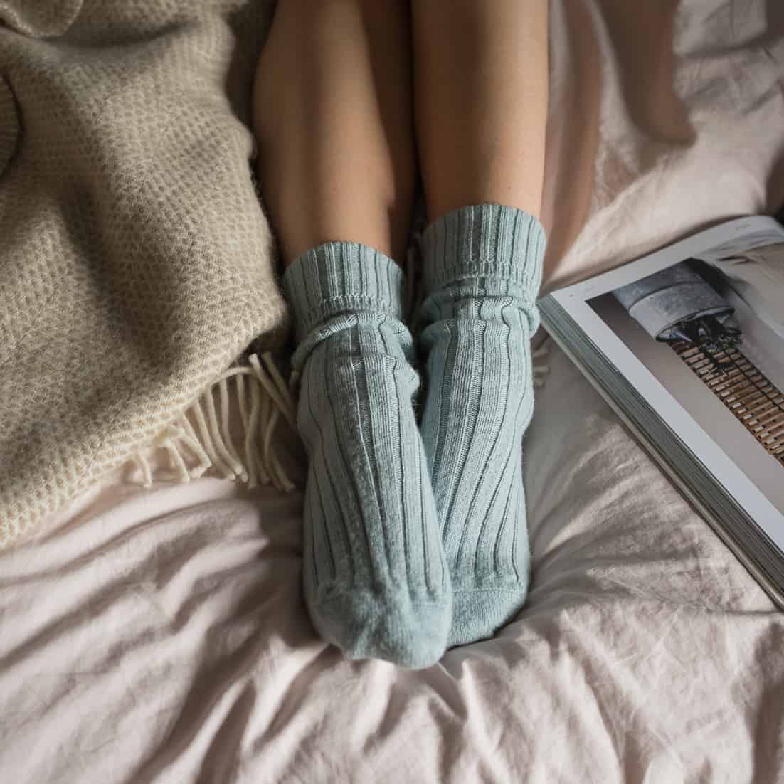 Blue alpaca bed socks by tom lane