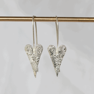 Sterling Silver Textured Long Heart Earrings by Lucy Kemp Jewellery