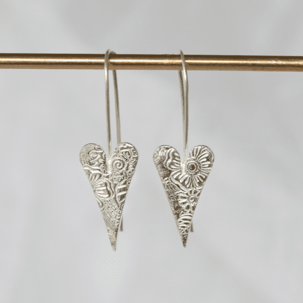 Sterling Silver Textured Long Heart Earrings by Lucy Kemp Jewellery