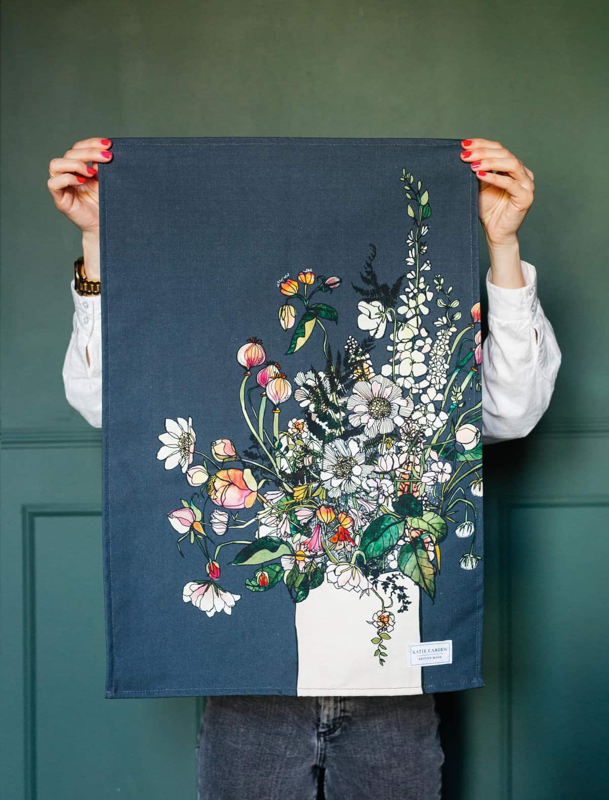 White Blooms Tea Towel by Katie Cardew