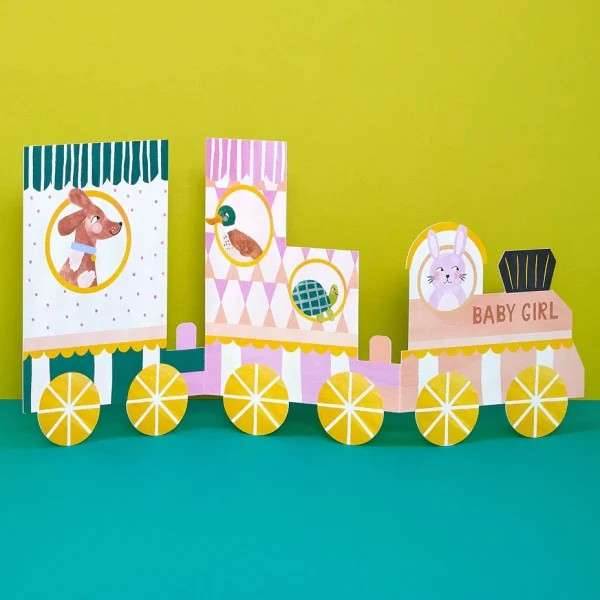 'Baby girl' concertina fold train card By Raspberry Blossom
