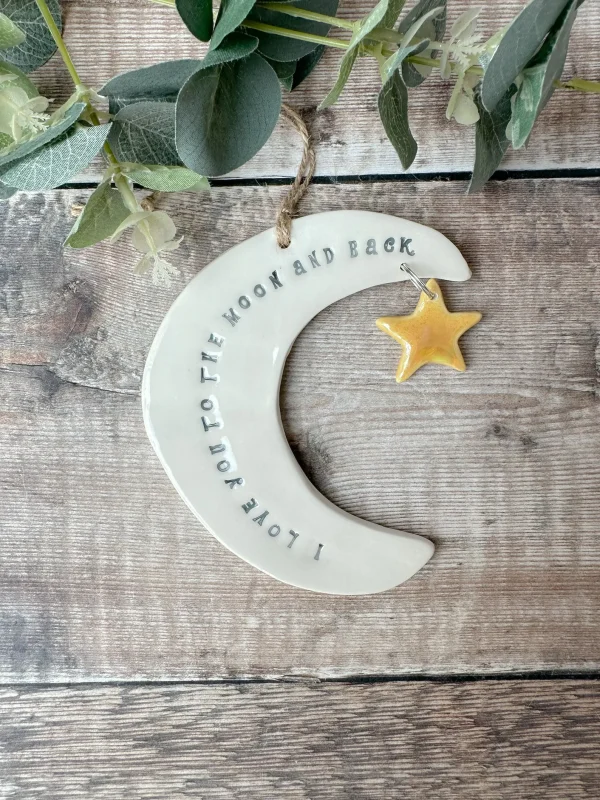 Handmade stoneware hanging moon, I love you to the moon and back By ShellyLee