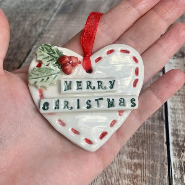 Handmade porcelain hanging Merry Christmas heart decoration By ShellyLee