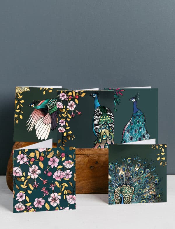 Peacock Set of 10 Notelet pack by Katie Cardew
