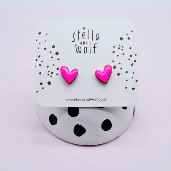Neon Pink Wooden Heart Studs by Stella and Wolf
