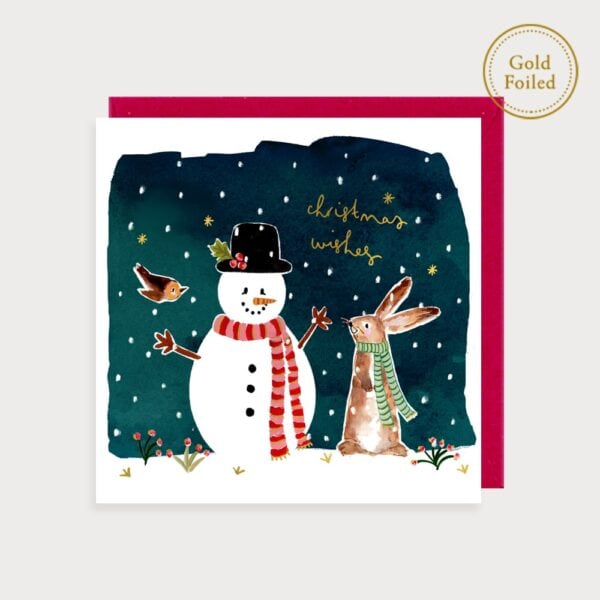 Snowman and Bunny Christmas Wishes Card by Louise Mulgrew