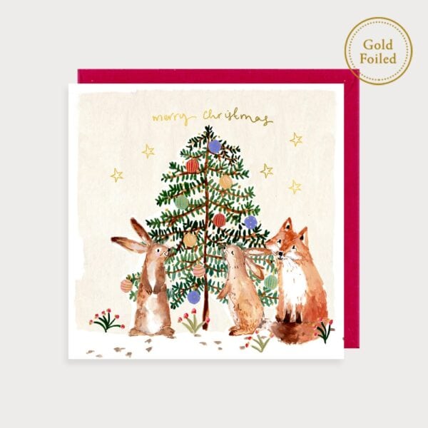 Bunnies and Fox Christmas Tree Card by Louise Mulgrew
