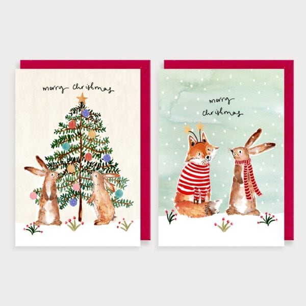 Fox and Bunny pack of 8 Christmas Cards by Louise Mulgrew