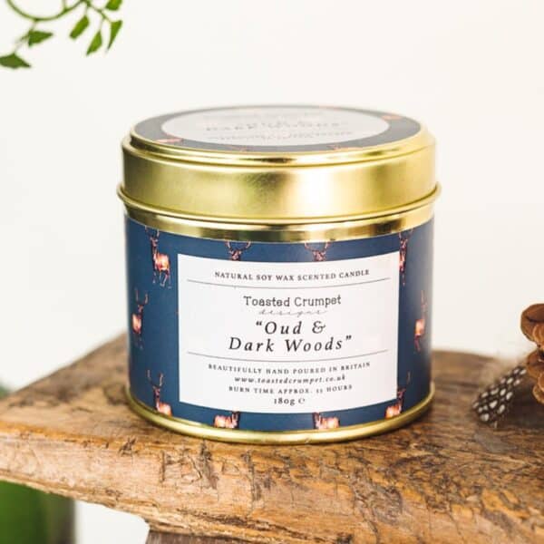 Dark Woods & Oud Candle in a Matt Gold Tin by Toasted Crumpet