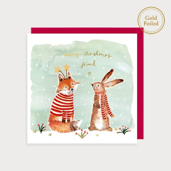 Fox and Bunny Merry Christmas Friend Card by Louise Mulgrew