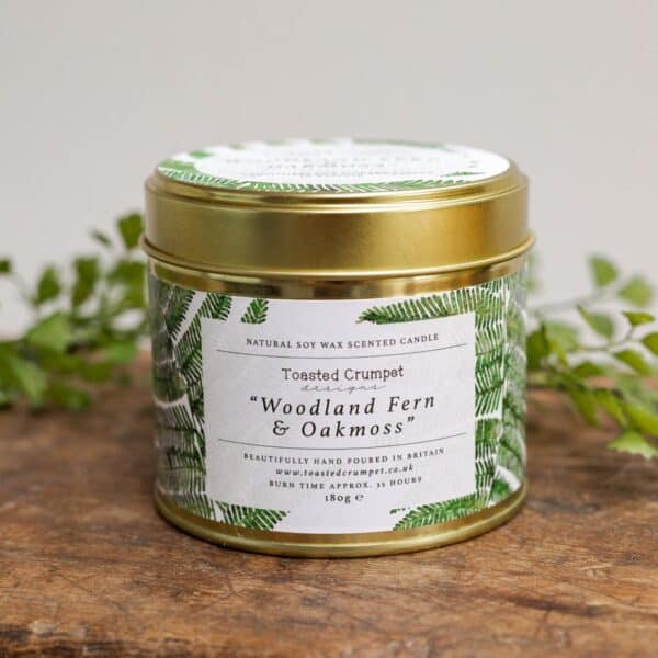 Woodland Fern & Oakmoss Candle in a Matt Gold Tin By Toasted Crumpet