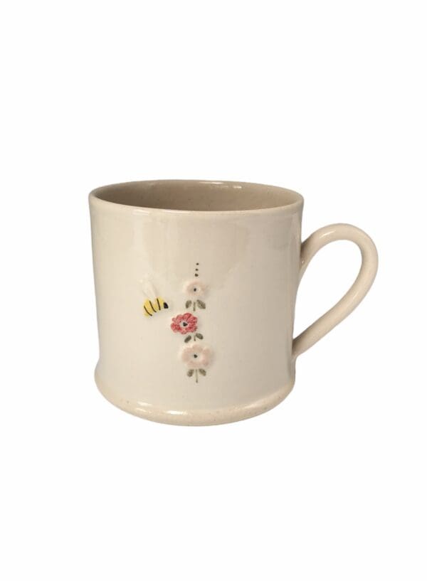Cream Hollyhock and Bee Mug By Hogben Pottery