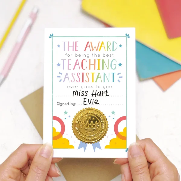 Best Teaching Assistant Certificate Card by Joanne Hawker