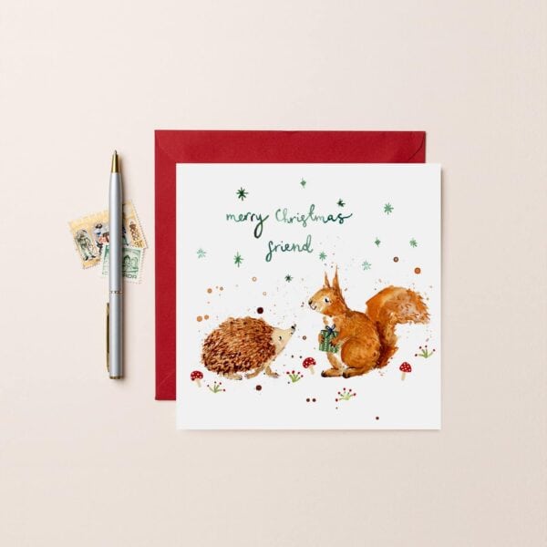 Squirrel and Hedgehog Christmas Friend Card by Louise Mulgrew