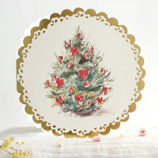 Red Fir - Circular Gold Christmas Card By Sophie Amelia Creates