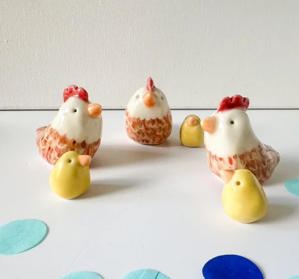 Cute little handmade porcelain party chicken and chick By Shelly Lee