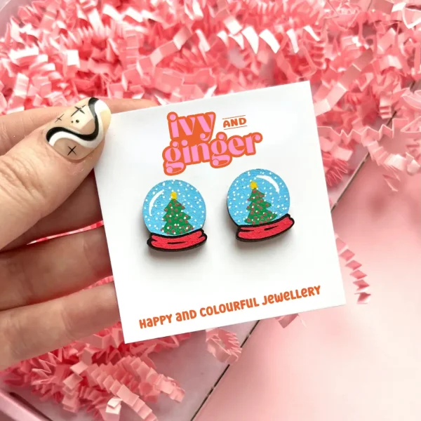 Large Christmas Tree Snow Globe Stud Earrings