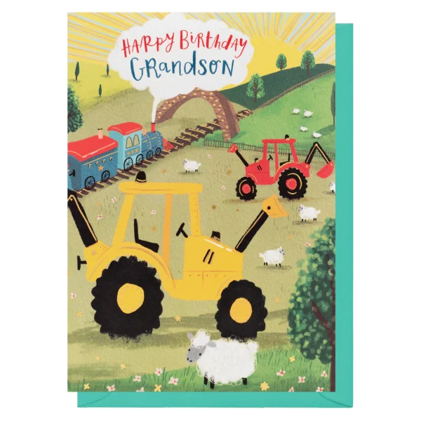 Grandson Tractor & Digger Birthday Card by Louise Tiler