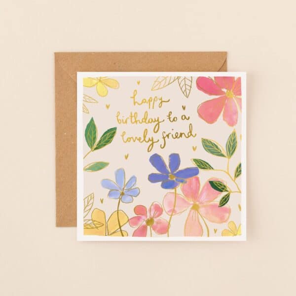 Rainbow Flowers Happy Birthday Friend Card by Louise Mulgrew