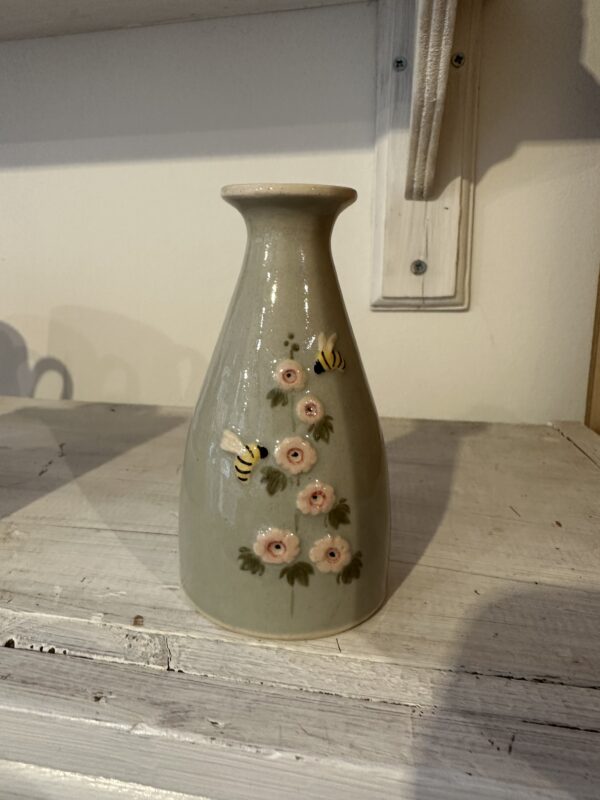 Denium Blue hollyhock & bee medium vase by Hogben Pottery