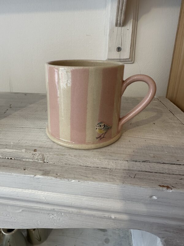 Pink stripe bluetit mug by hogben pottery